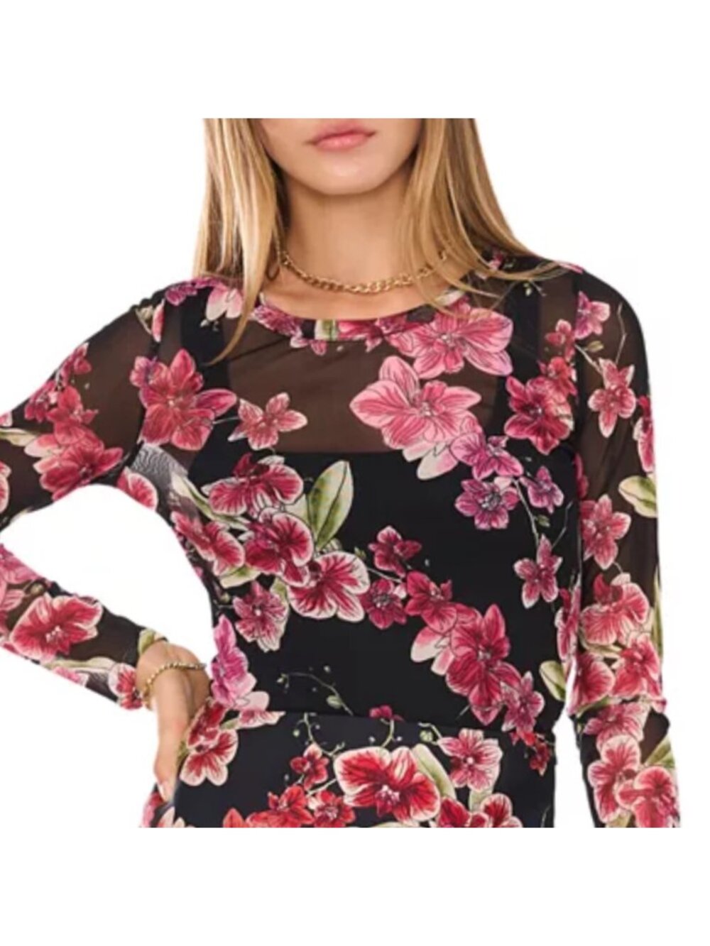 1 State Floral Mesh Top XL Long Sleeve Black Orchid Semi Sheer Whimsigoth